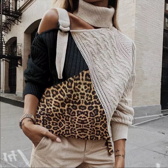 Sweaters - Leopard Patchwork Cold Shoulder Turtleneck Knit